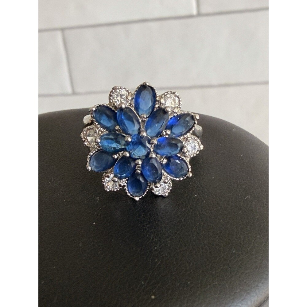 925 Sterling Silver Blue Rhinestone White Topaz Wedding Engagement Ring Size 10